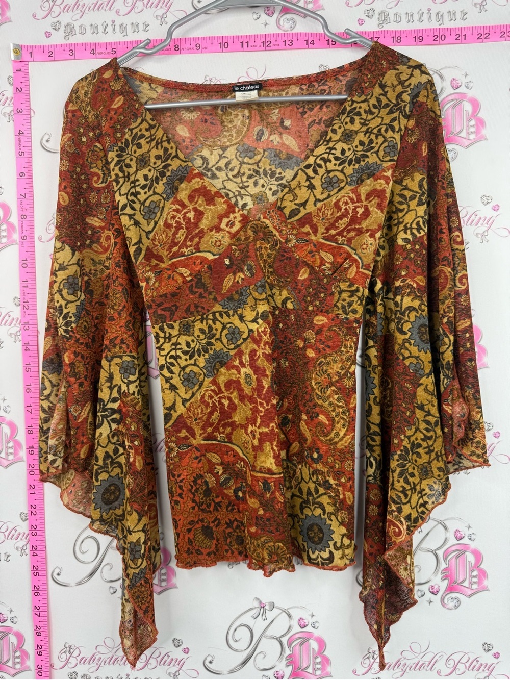 le chateau shirt fairy sleeve Rust and Mustard Paisley V-Neck Bell Sleeve Blouse